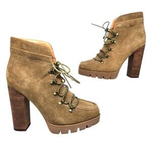 Cabincore Lugged Heeled Combat Boots 6 Tan Faux Suede Gorpcore Lace Up Utility